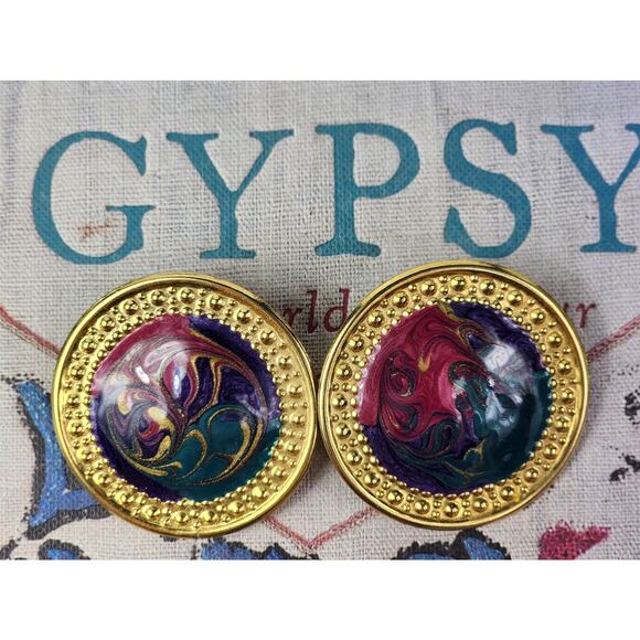 80s Womens Large Button Earrings Pierced Gold With Colorful Psychedelic Design - Picture 2 of 6
